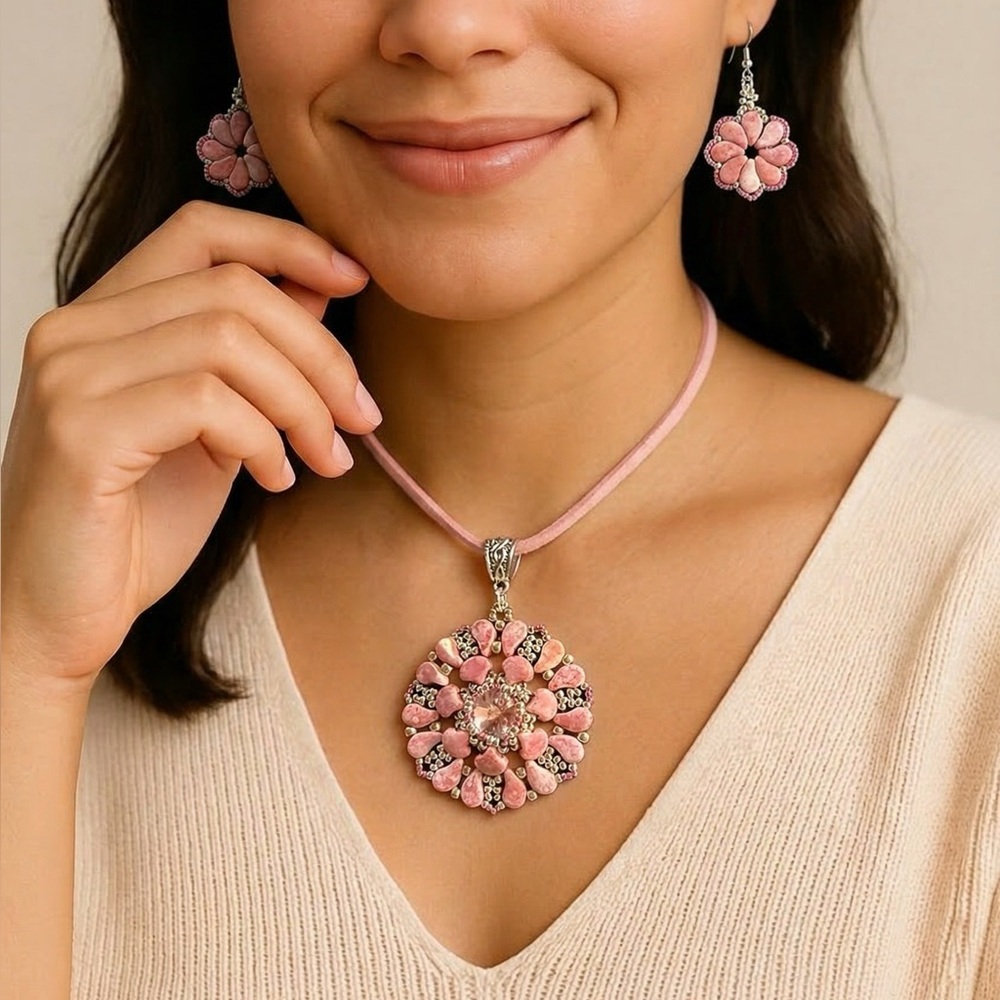 Handmade Pink Floral Pendant Necklace and Earrings Set